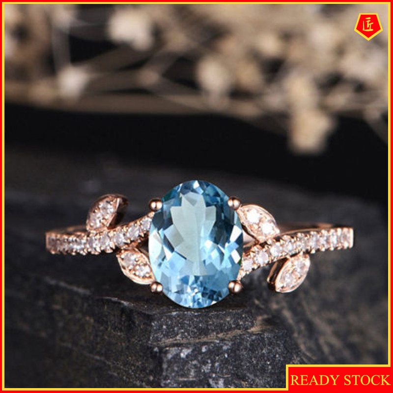 [Ready Stock]Fashion Simple Rose Gold Flower Natural Blue Topaz Ring