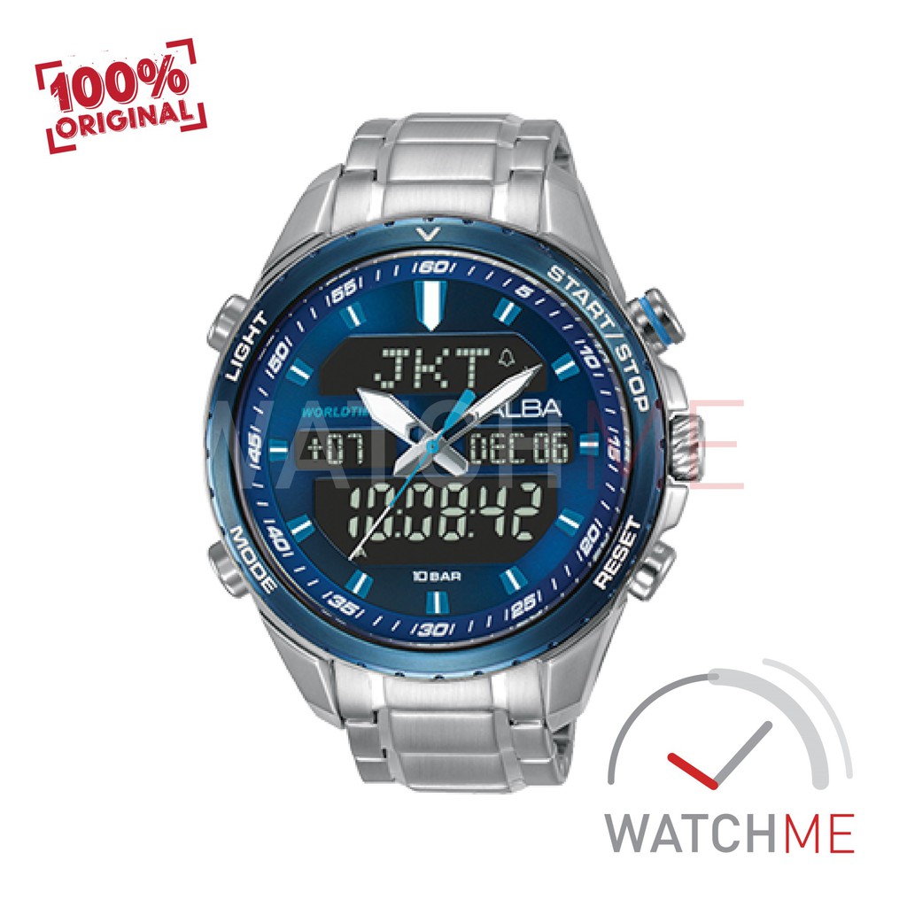 Jam Tangan Pria Alba Digital AZ4059X1 Blue Dial 100m Stainless Steel Original Garansi Murah