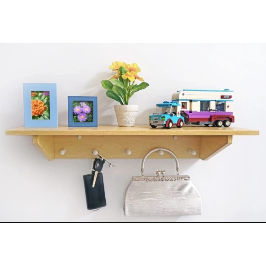Rak Gantung Dinding 60x20x9cm - Ambalan Dekorasi Dinding 5 Hook Simple Ambalan Kayu