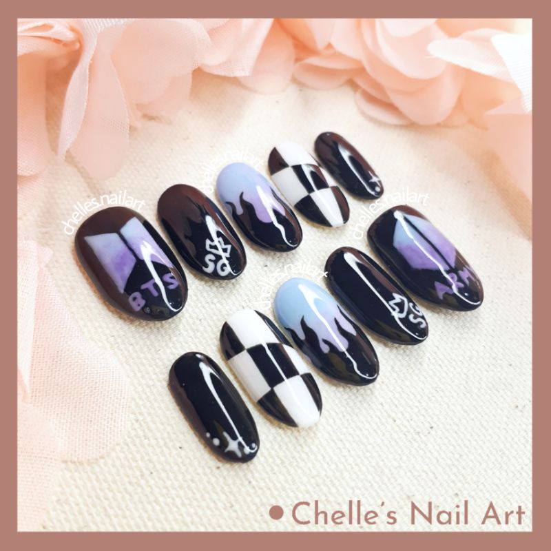 BTS Army Gradient Nails Custom Fake Nails Kuku Palsu Handmade Murah