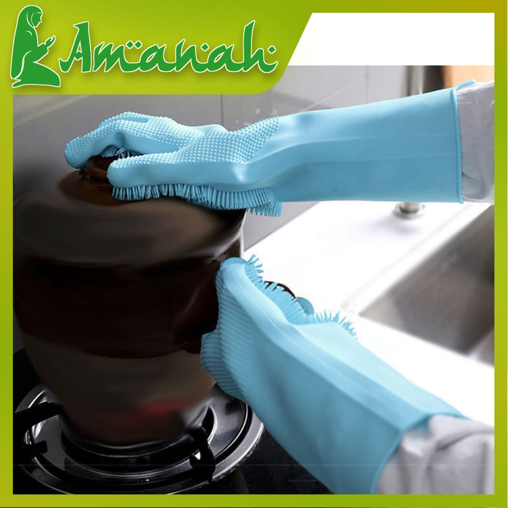 AS812 Sarung Tangan Karet Tebal Cuci Piring Silikon Dengan Brush Tebal / Silicone Gloves