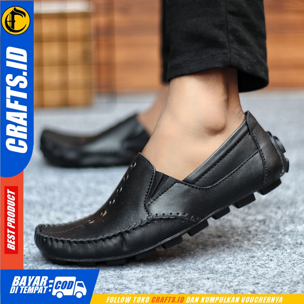 Sepatu Slip On Pria Sepatu Casual Pria Kulit Asli Kerja Kantor Kuliah Kondangan Sepatu Slop Pria Sepatu Hitam Pria CRAFTS MIDRING