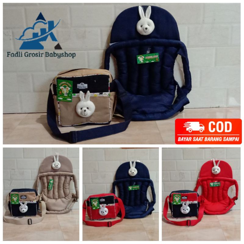 Paket Hemat ( 2 in 1 ) Tas Bayi Strip Boneka Dan Gendongan Bayi Depan Topi Boneka