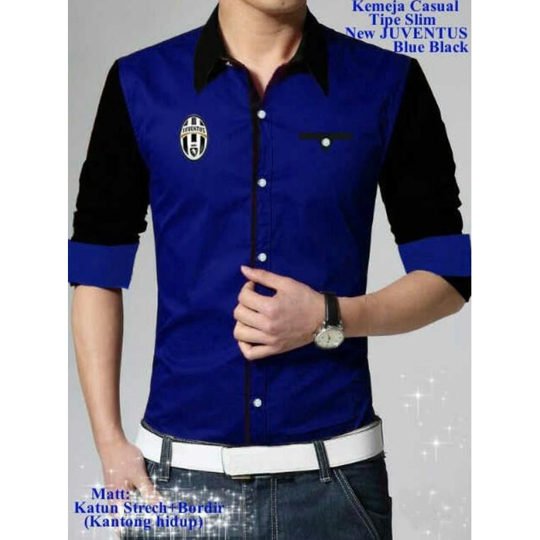 PROMO Kemeja Casual Slim Fit Juventus Blue Black  - TREND- MDNIH511