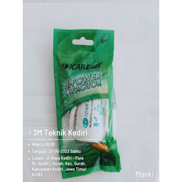 Kapasitor 2 kabel Merk ICAR Ecofill 8uf Hi Power