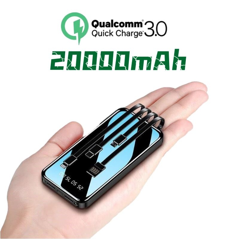 Powerbank 20000mAh 4 Cables Fast Charging Full Capacity Mini Dual USB Portable Digital Display LED JIYANG