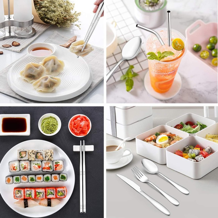 Paket Korea  lengkap 8 Pcs sendok garpu sumpit pisau sedotan stainless Steel 8in1 cutlery set 8pcs