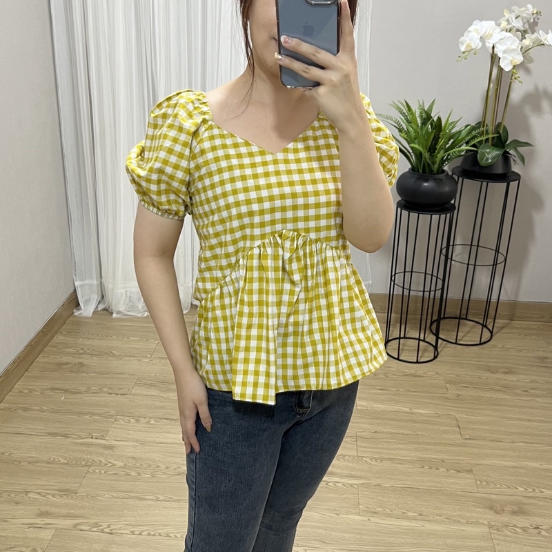 Ara Top - Blouse Lengan Balon / Blouse Katun / Blouse kotak / Atasan Katun / Atasan Wanita Blouse-Kuning lime