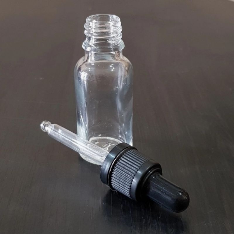 botol kaca pipet 20ml bening tebal - ring segel hitam