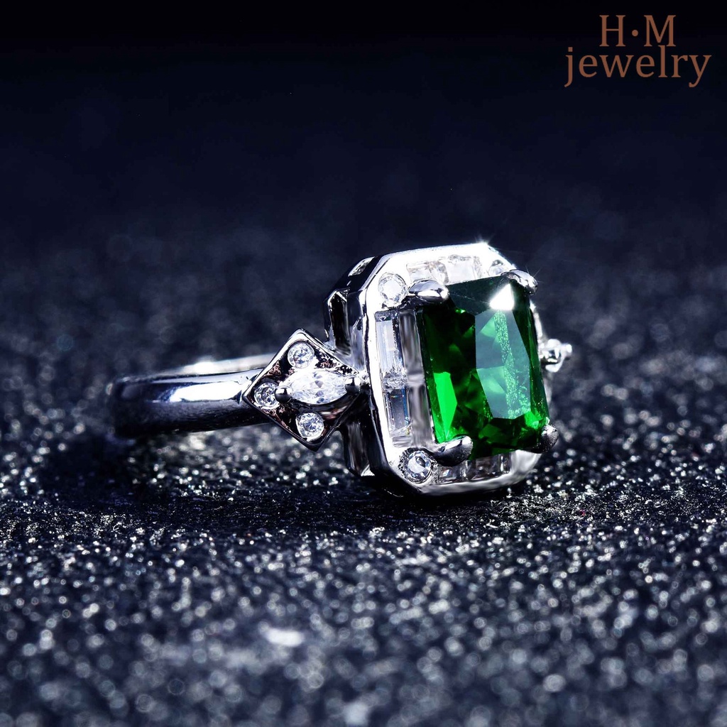 Cincin Model Terbuka Bentuk Persegi Panjang Aksen Emerald Turmalin
