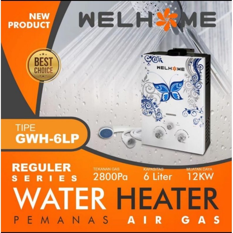 Water Heater Gas Pemanas Air 6 Liter WELHOME GWH-6LP Bonus Selang+Shower