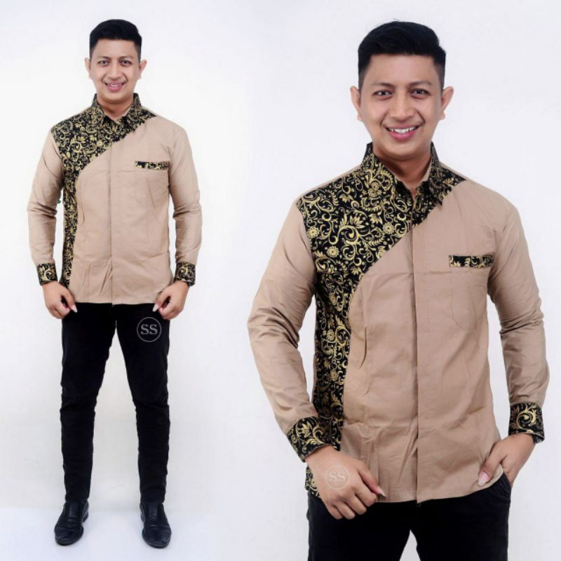 kemeja Koko KEMKO Kombinasi BAJU MUSLIM GUZ AZMI M L XL XXL bayar ditempat-Coklat