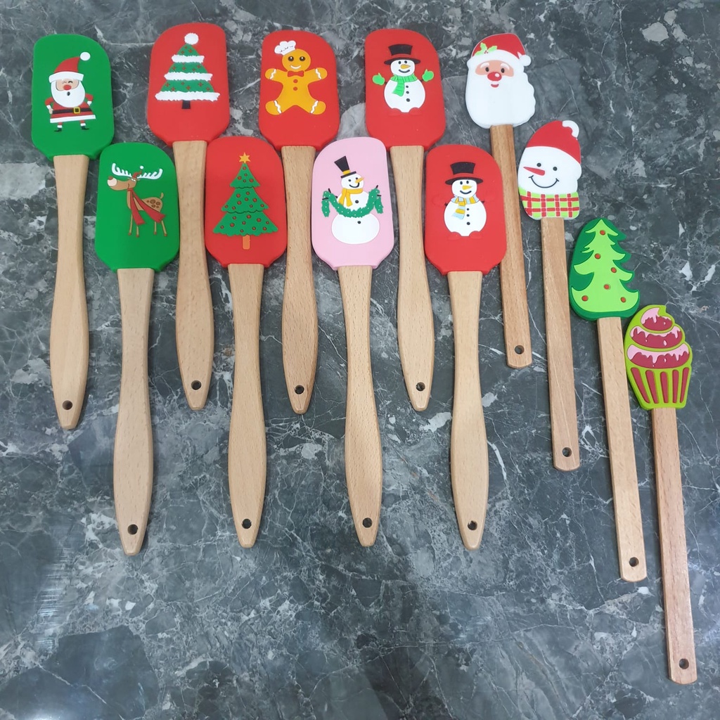 Spatula Motif Christmas Wood Handle Spatula Silikon Natal Xmas