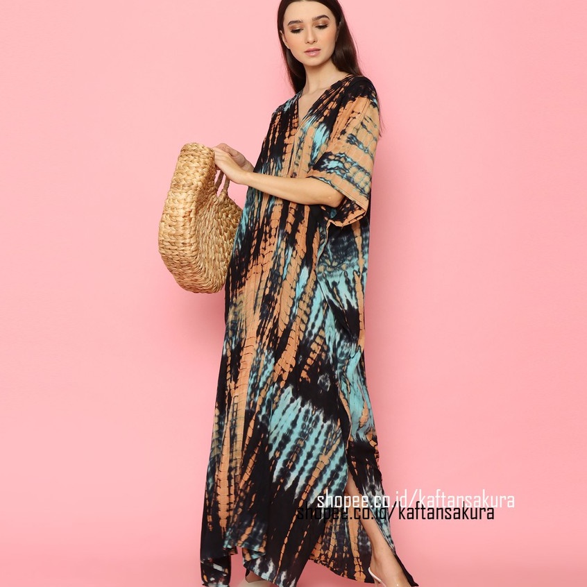 KAFTAN TIE DYE ORIGINAL BALI RAYON HOME DRESS HITAM ORANGE TIE DYE WANITA CASUAL 2021 BY KAFTASAKURA