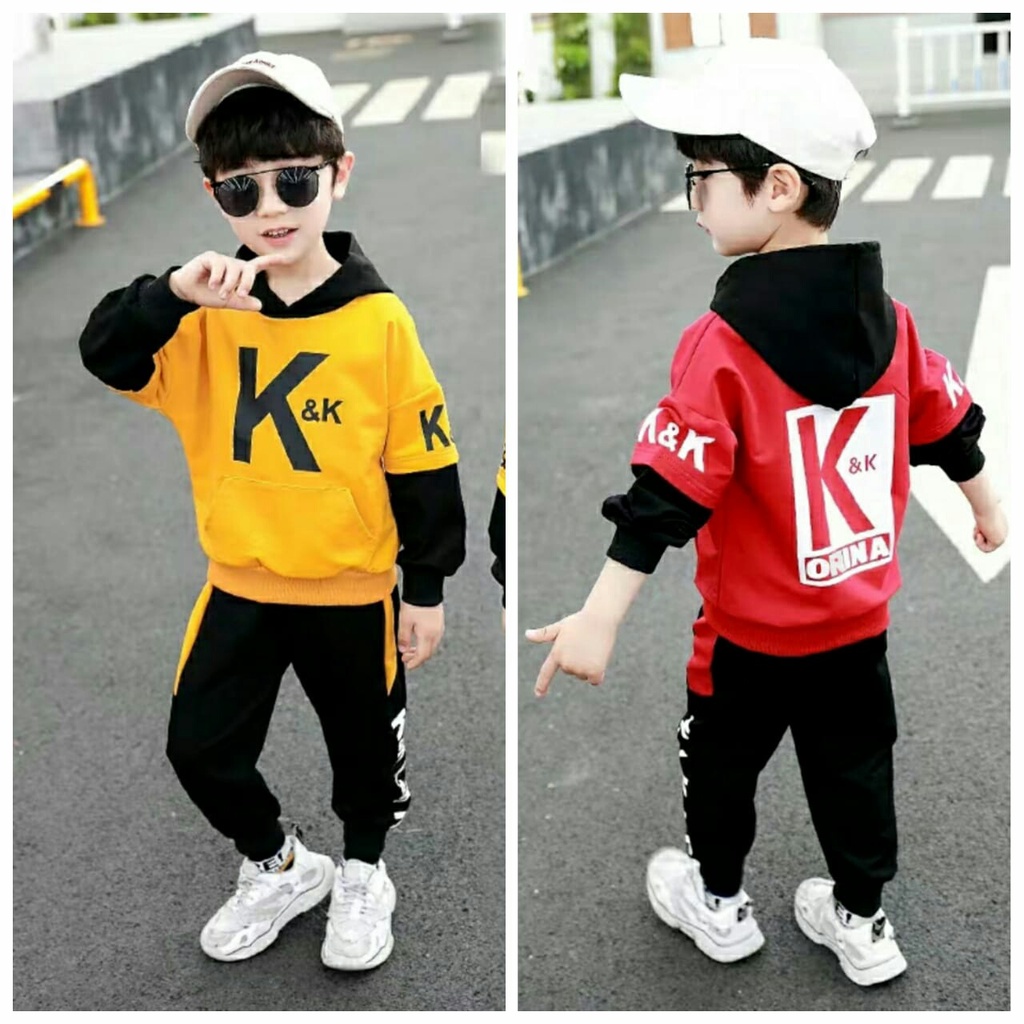 Setelan KK.ORINA Baju Anak Laki-laki Setelan Jaket Hoodie &amp; Celana Panjang Usia 4-8 Tahun ZP