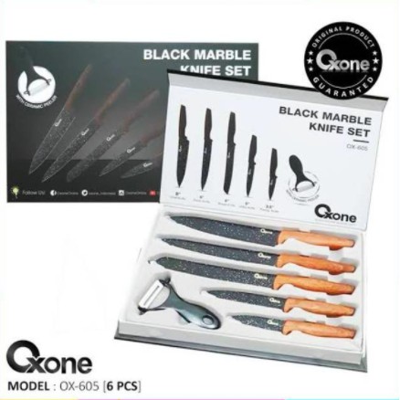 [ Denpoo ] Pisau Set DCS 55 - Black Marble Knife Set - Gagang Motif Kayu Termurah!!