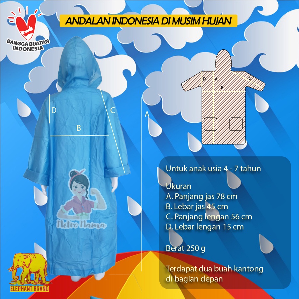 Jas Hujan Anak Raincoat Kiddy Elephant Brand Gajah Asli