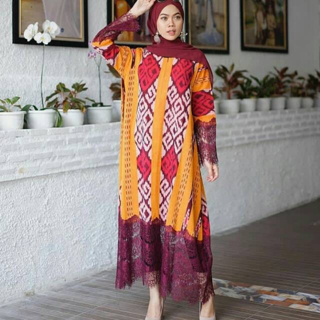 Dress tenun motif toraja kombinasi brukat