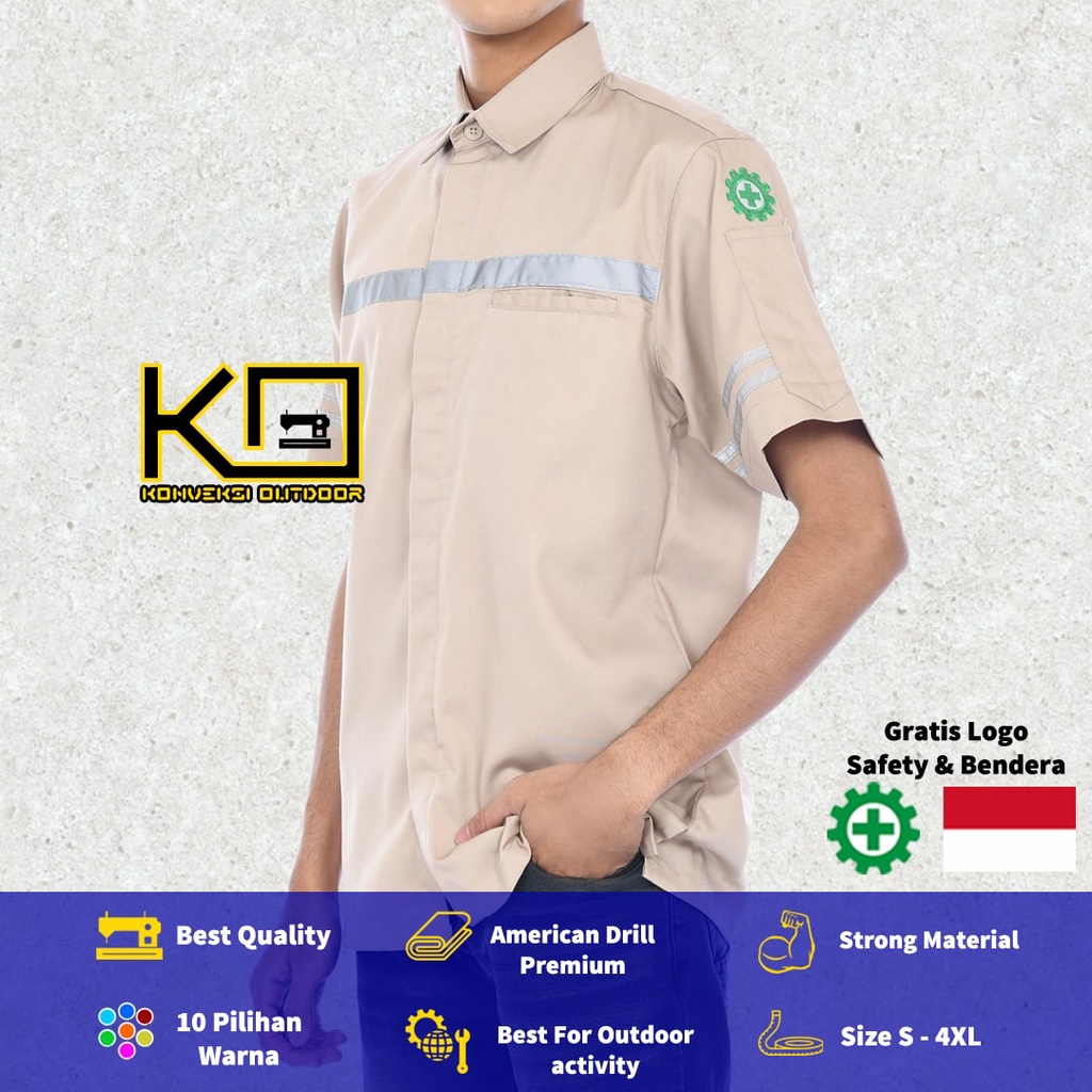 KEMEJA WEARPACK BAJU SAFETY K3 OUTDOOR INDOOR - Seragam Kemeja Kerja Lapangan Lengan Pendek Proyek Bangunan Tambang Alat Berat PLN Enginer Instalasi Mesin werpek sefti Scotlit Warna Cream Konveksi Outdoor