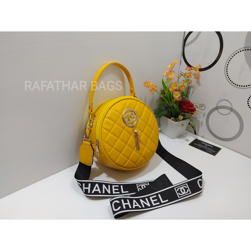 PROMO!!!Tas slempang wanita CHANE.LL bulat Top handle bag bahan bordir halus