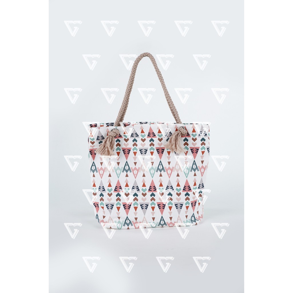 Tote Bag Kanvas Tali Sumbu - Tas Totebag Wanita Talisumbu Kanvas Motif Segitiga Pink