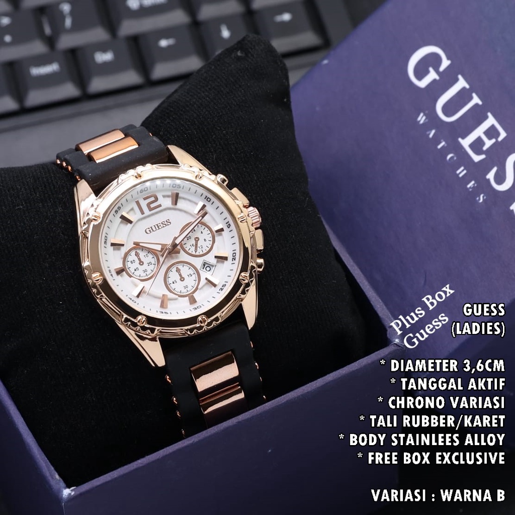 (FREE BOX) JAM TANGAN WANITA GUESS TALI RUBBER BODY BULAT TANGGAL AKTIF CHORNO VARIASI