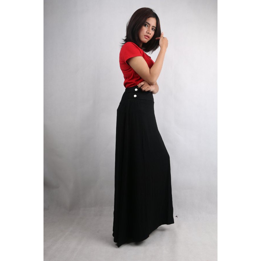 Promo Long Skirt Hiasan Kancing Samping - Hitam - Size M