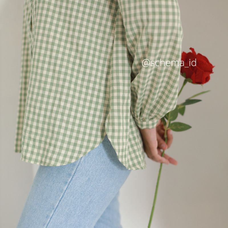Yeora Blouse by Schema Collar Blouse Korea Style Atasan Top Wanita Lengan Panjang Tartan Blouse Cotton Premium