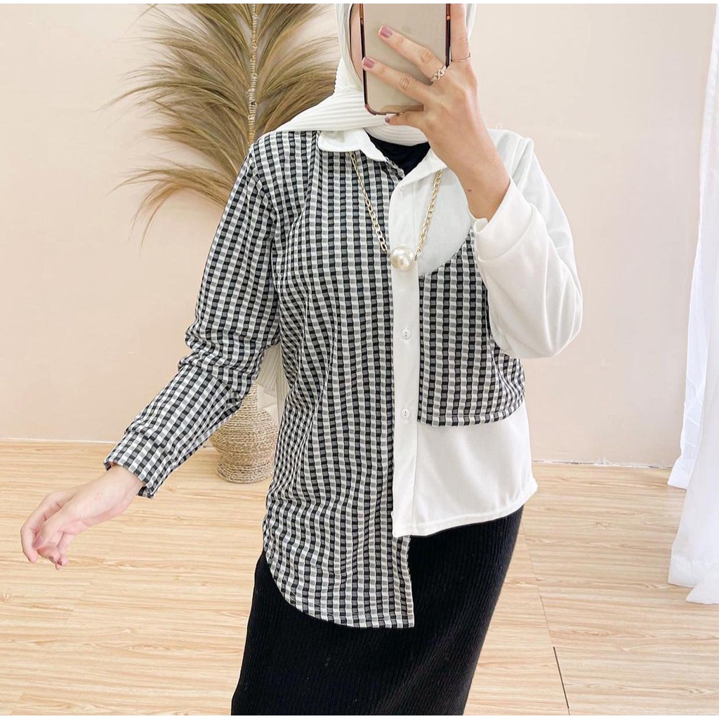 1KG MUAT 5PCS | OMMY CUBI BLOUSE MONOCHROME TARTAN COMBI KOREAN STYLE HITS OOTD SELEBGRAM FASHION