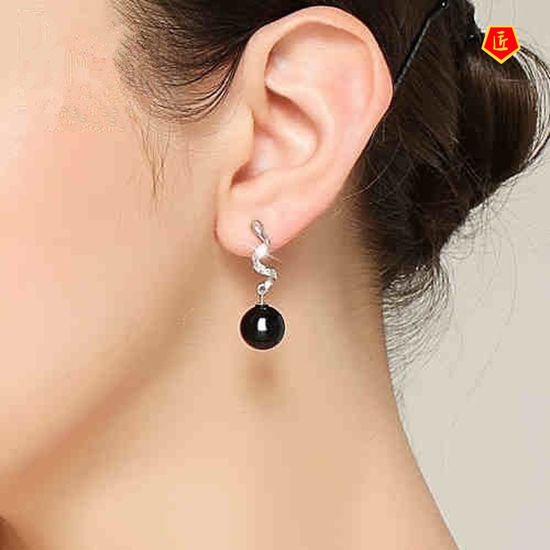 [Ready Stock]Elegant Long Fashion Black Agate Earrings