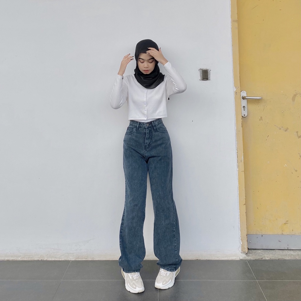 Nara Pants Snowblack - Celana Kulot Jeans Highwaist Wanita Loose Basic Jeans