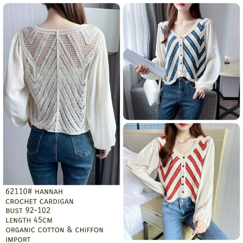 MDLV ~ 62110 Hannah Crochet Cardigan Organic Cotton combi Sifon Import Korea Look Fashion Import