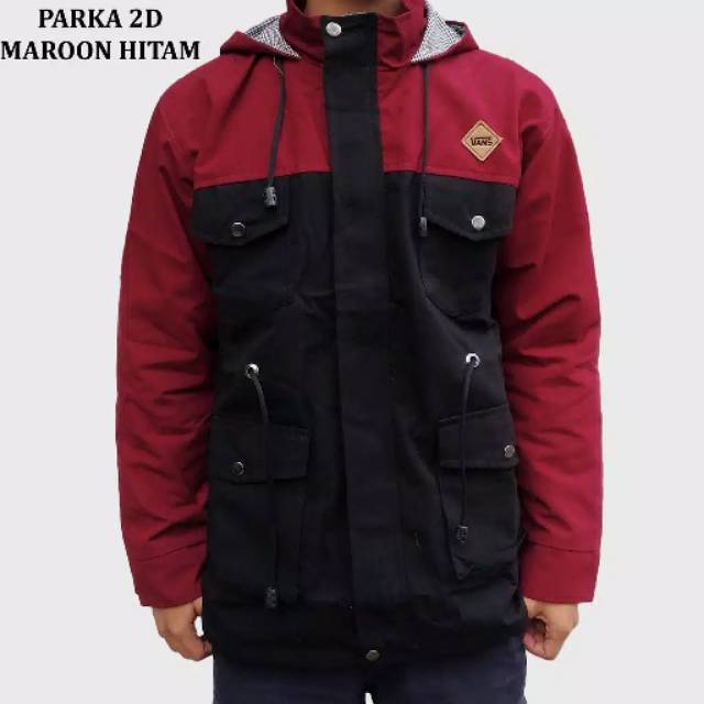 Jaket parka hoodie kanvas maroon hitam