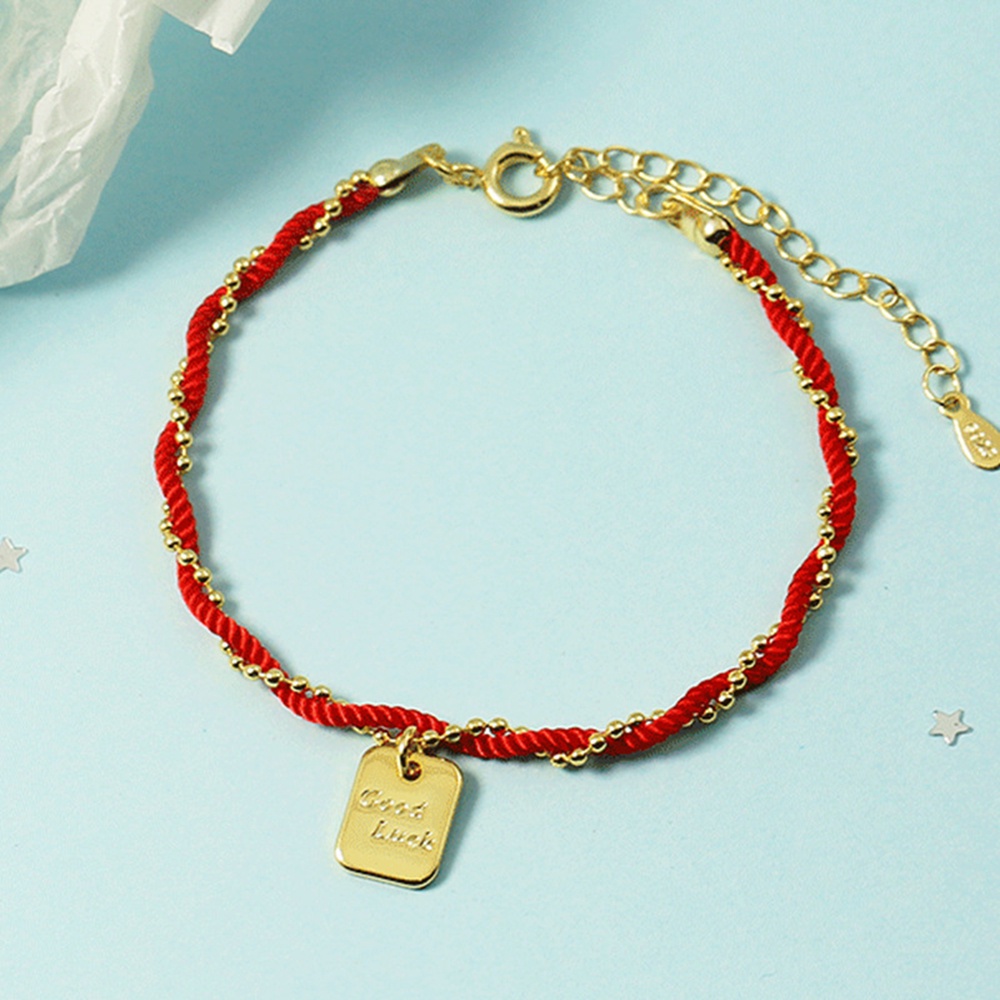 Gelang Tangan Tali Merah Aksen Manik-Manik Persegi Bahan Titanium Untuk Pria / Wanita