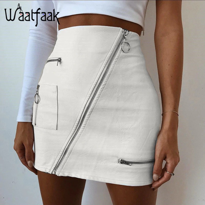 Waatfaak PU Leather Skirts Womens Zipper Split Pocket Solid White Bodycon Slim High Waist