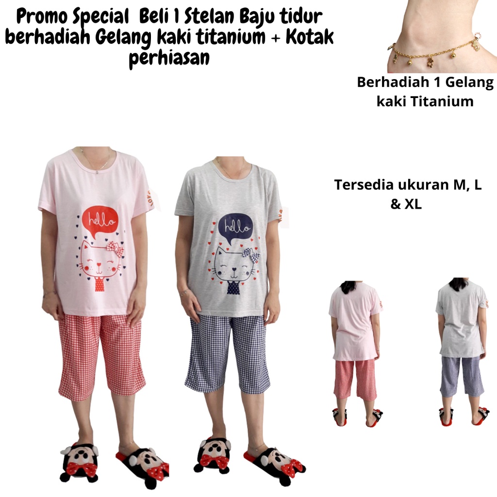 Promo Beli 1 Stelan Baju Tidur Berhadiah Gelang Kaki Titanium - Pakaian Wanita Baju Tidur Setelan Piyama Lengan Pendek Bahan Kaos  Baju Rumah Baby Doll Lovelybutik