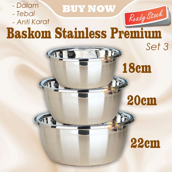 SET3 Baskom stainless PREMIUM 18/20/22cm TEBAL anti karat baskom dalam