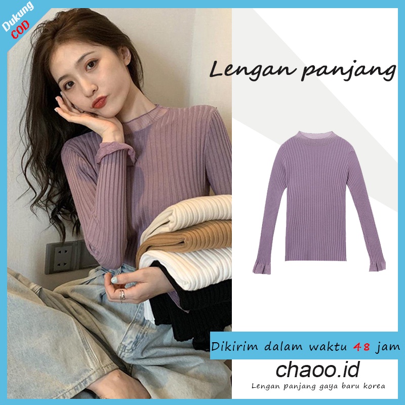 Versi Korea dari kemeja berbahan sweater jala leher setengah tinggi wanita serba ada/ Korean style knit sweater/sweter/sweater crop