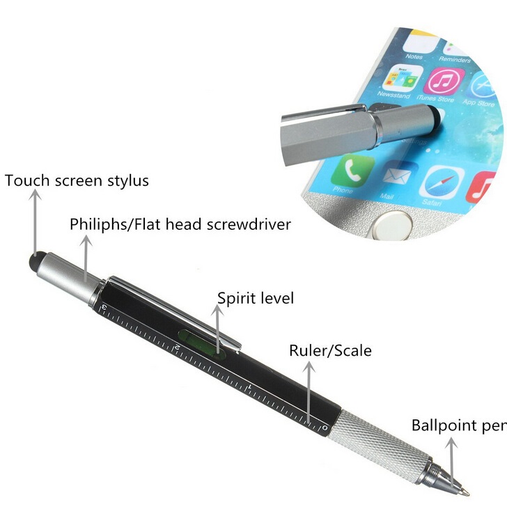 Pena Multifungsi Metal Stylus+Penggaris+Level+Obeng HTM