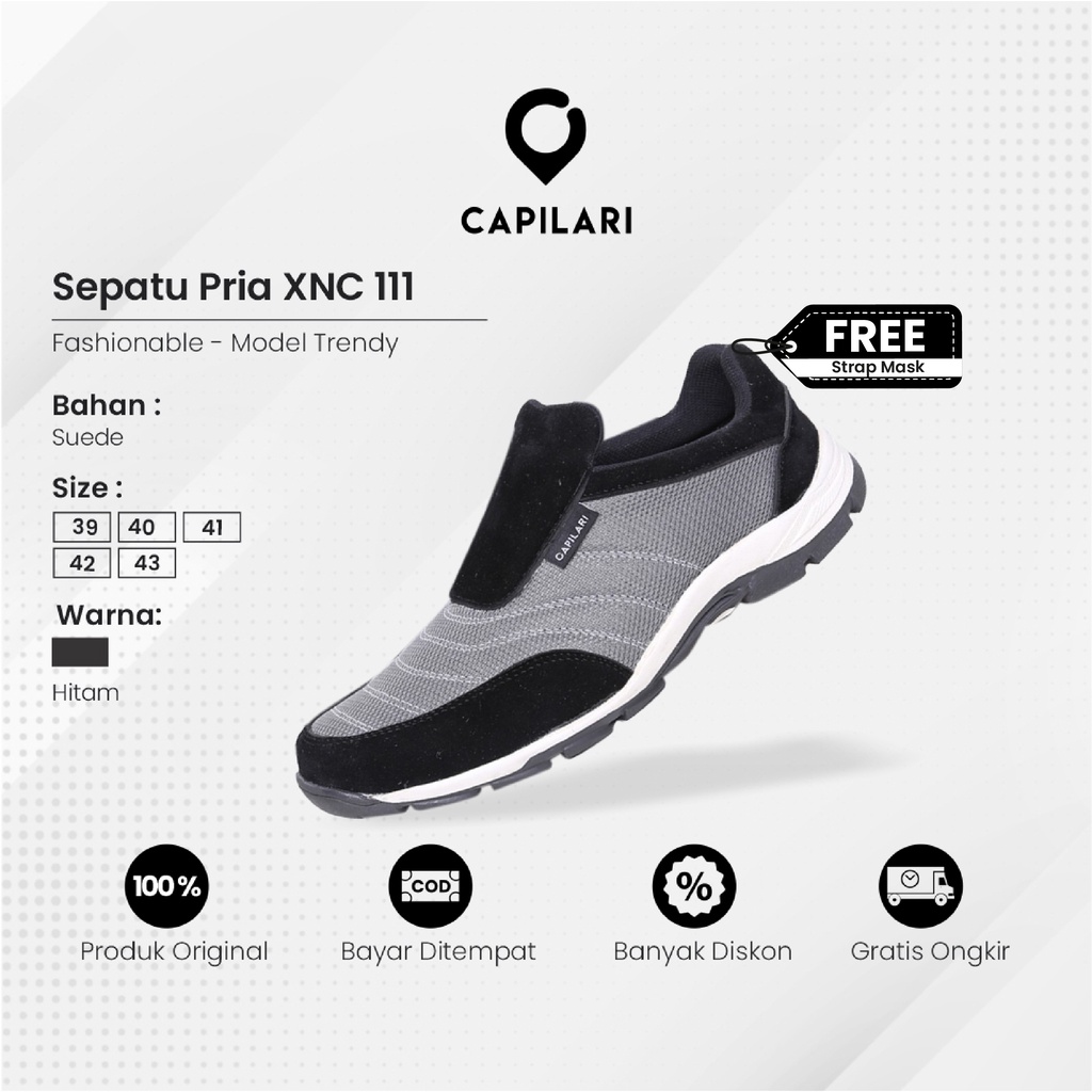 Capilari - XNC 111 Sepatu Sneakers Slip On Pria Casual Working Suede Original Black Grey [Gratis Strap Masker]