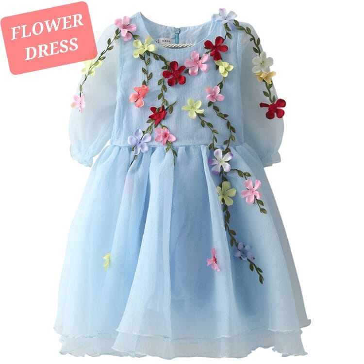 BAJUKIDDIE FLOWER DRESS GAUN BUNGA ANAK CEWEK ALA KOREA FASHION IMPORT CASUAL PUTIH PINK BIRU