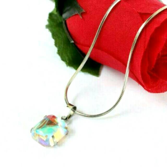 Kalung Liontin Batu Kalimaya Kotak / Pria Wanita Titanium Stainless steel