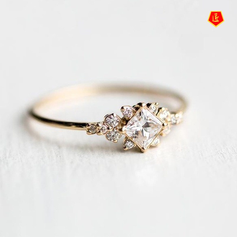 [Ready Stock]Inlaid Square Diamond Ring 14K Gold Simple Personality