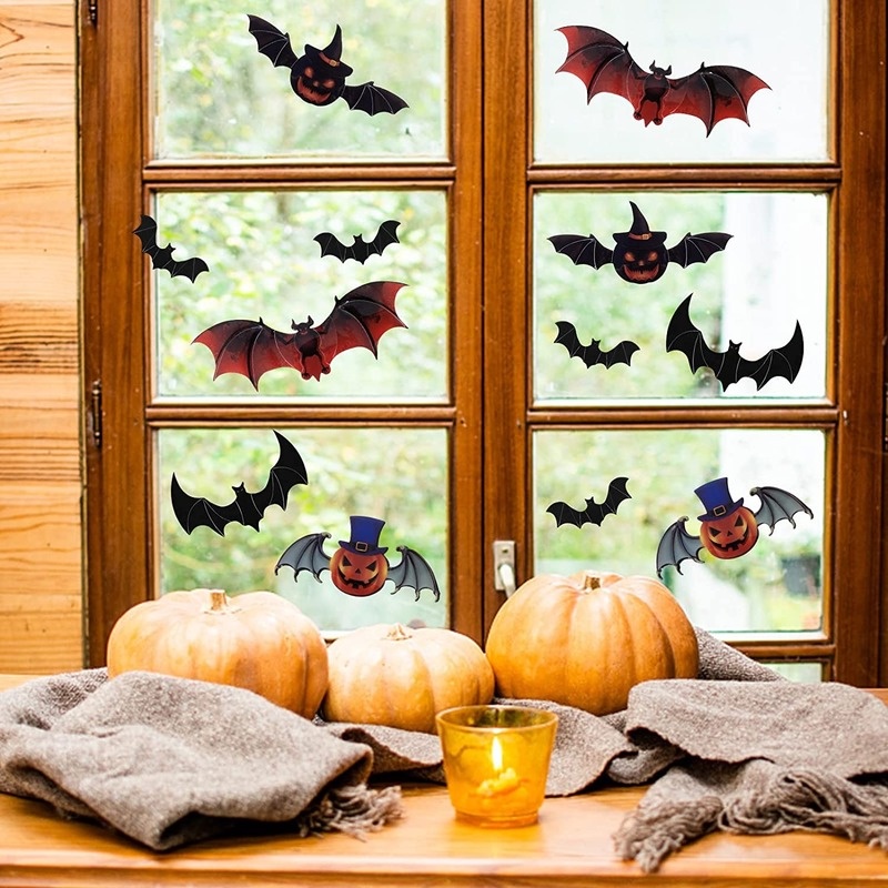 12pcs / Set Stiker Dinding Decal Desain Kelelawar Labu 3D Model Anti-Air Untuk Halloween