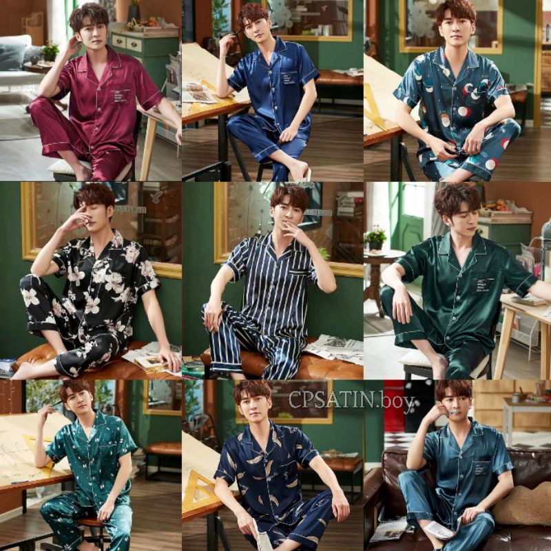 Setelan Piyama baju tidur pria satin krah import/SET Baju Tidur Cowok Lengan Pendek bahan sutera