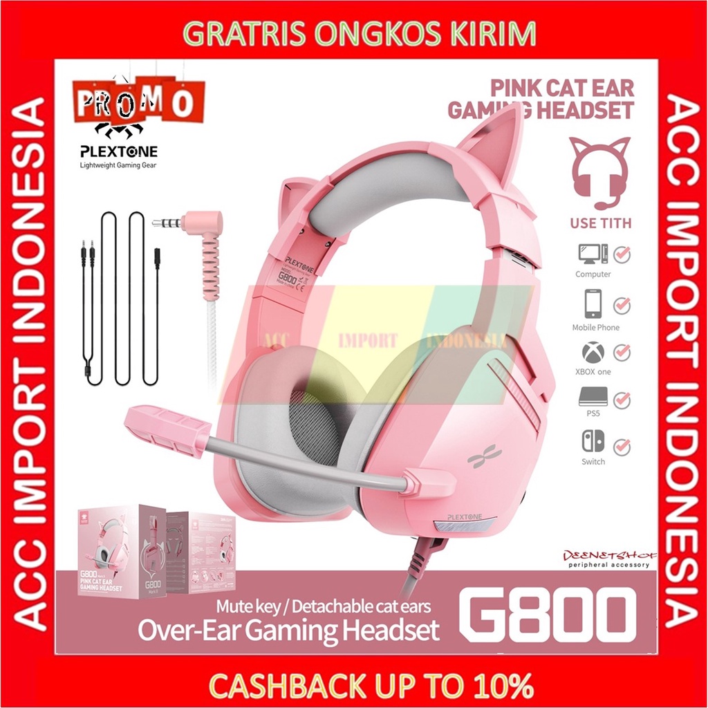 Headset Gaming Pink Cewek Lucu Headphone Cat Ear Telinga Kucing Mic Single Jack