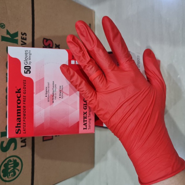 Handscoon SHAMROCK Red Ecer Sepasang Sarung Tangan Karet Lateks Latex Powder Merek Merk Warna Warni 
