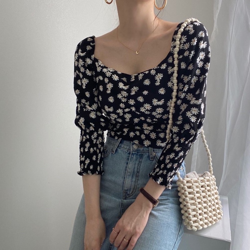 savalia | Pakaian korea/baju atasan Blouse sifon lengan panjang karet Sabrina floral crop top kerut