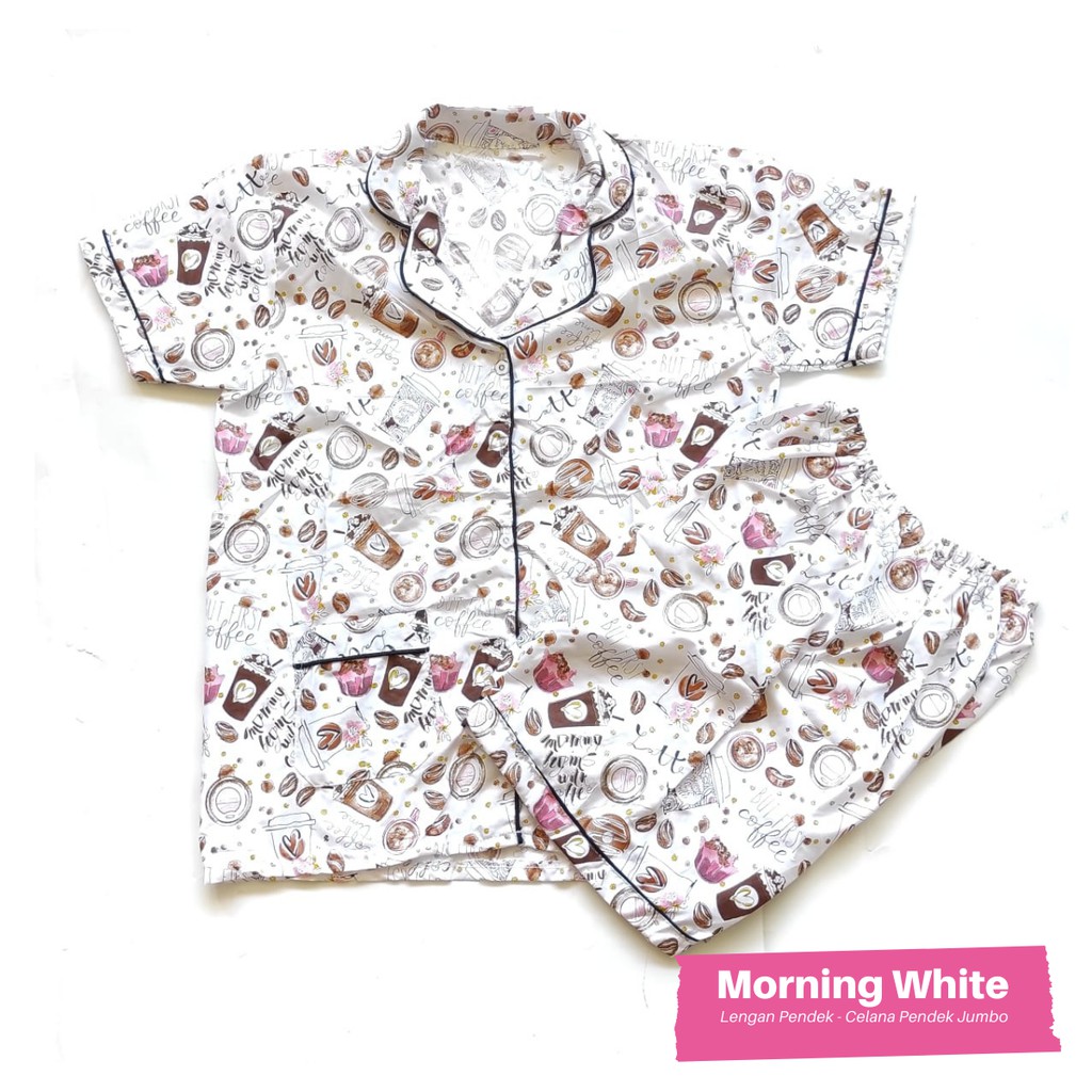 Piyama dewasa jumbo ld 120 cm celana pendek hotpant-Morning White HPJ