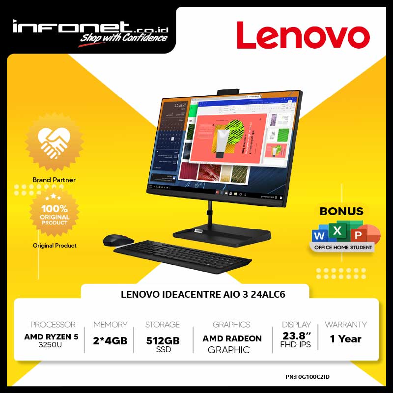 LENOVO IDEACENTRE AIO 3 24ALC6 RYZEN 5 5500U 8GB 512GB SSD INTEGRATED 23.8" FHD IPS W11 OHS